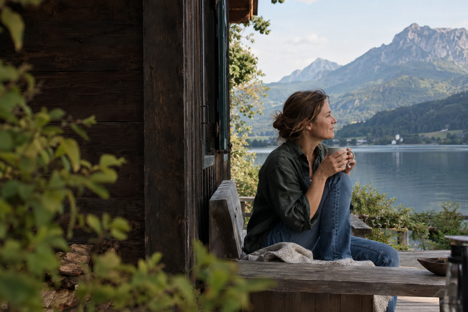 Een vrouw met een kop koffie bij een bergmeer